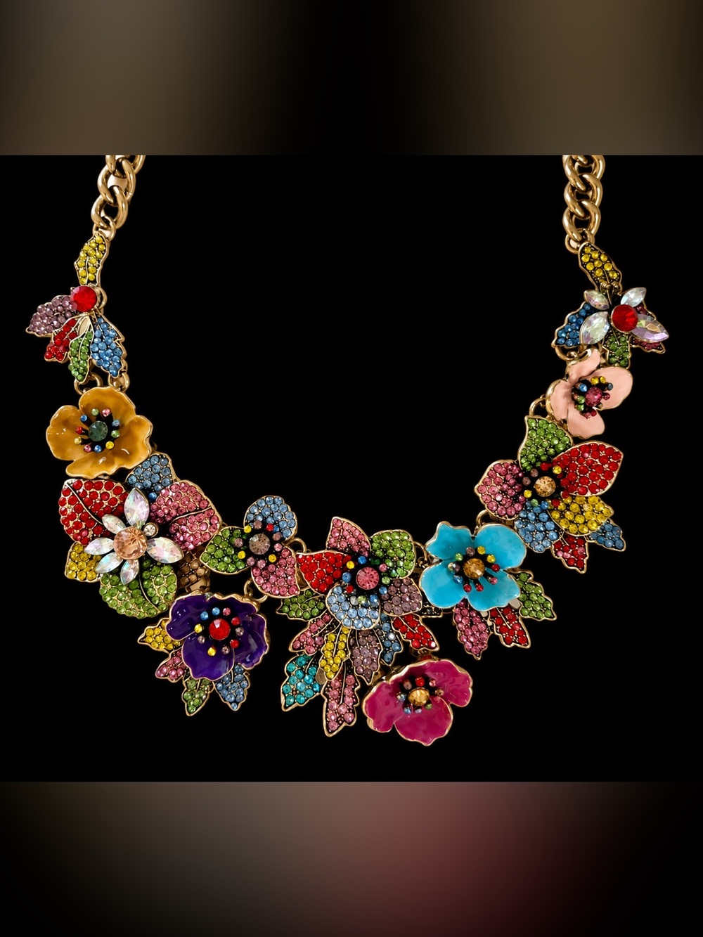 Rhinestone floral statement necklace- multicolor, choker adjustable- 20"